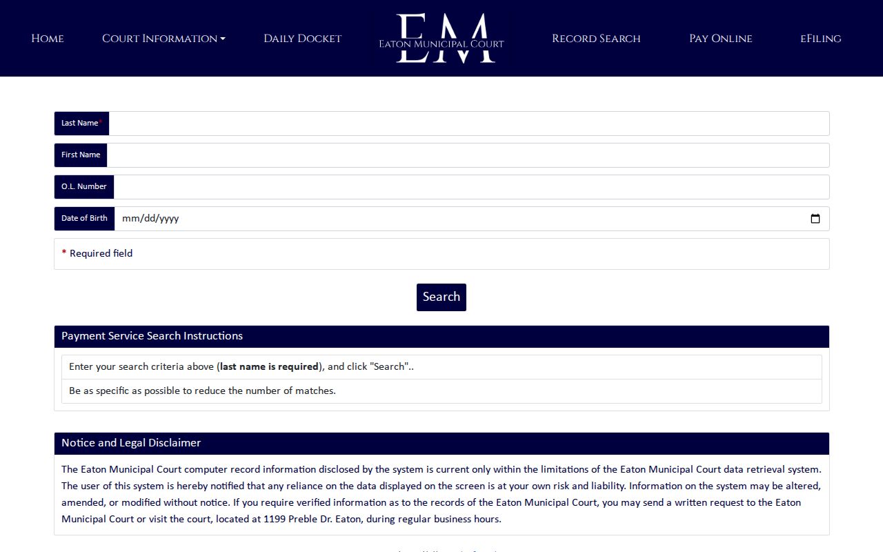 Preble County court calendar payment search interface