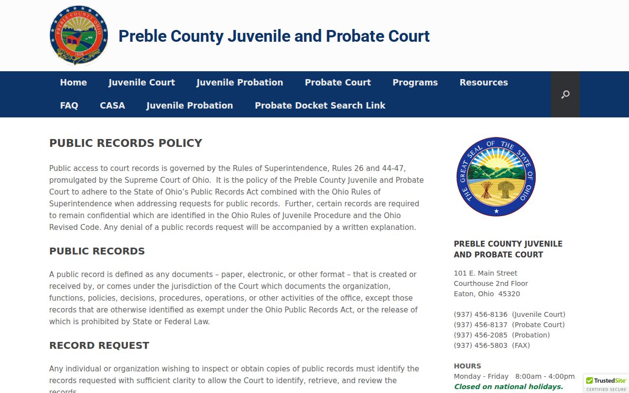 Preble County court records Probate and Juvenile public records request policy
