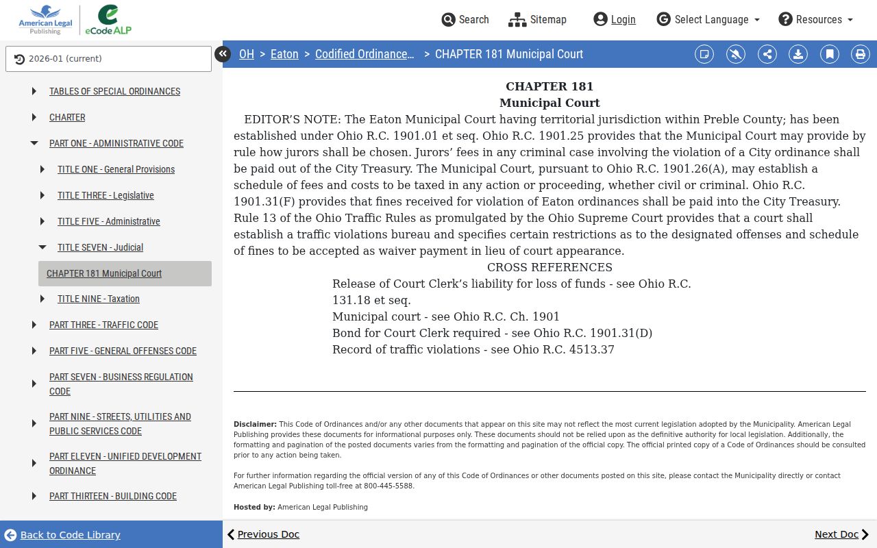 Eaton court docket official codification for Eaton Municipal Court territory